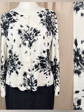 VTG Talbots Black and White Floral Button Pima Cotton Cardigan large petites LP